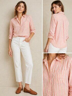 J.Crew Boy Fit Pink Stripe Linen Blend Button-Up Shirt Size Small